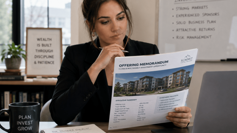 Investor reviewing multifamily syndication companies offering memo